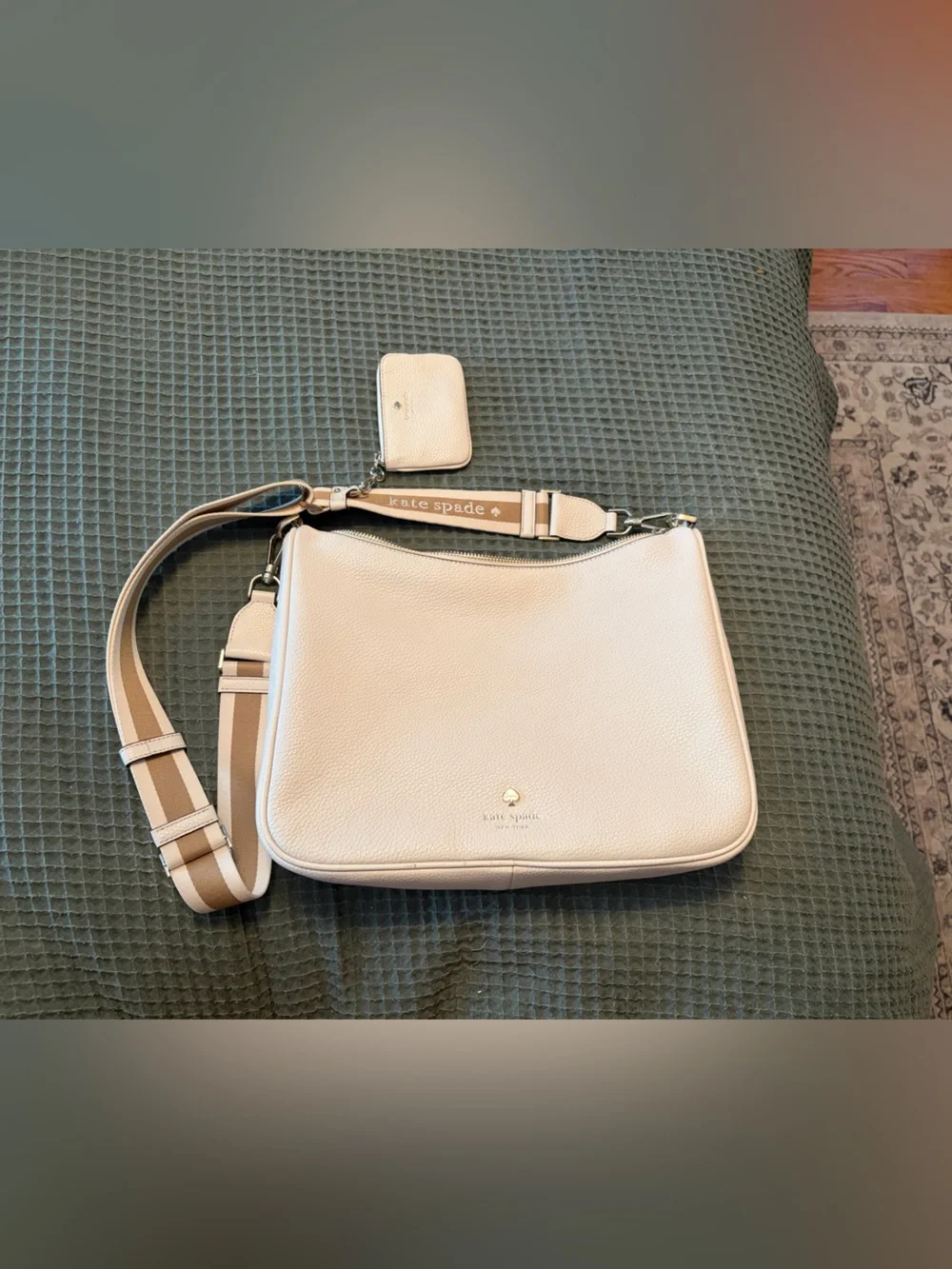 kate spade Cream Pebbled Leather Crossbody with Striped Strap and Coin Pouch